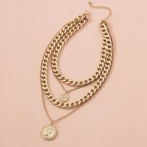 Layered Curb Coin Necklace, Gold Plated Layered Necklace Gold Plated Len